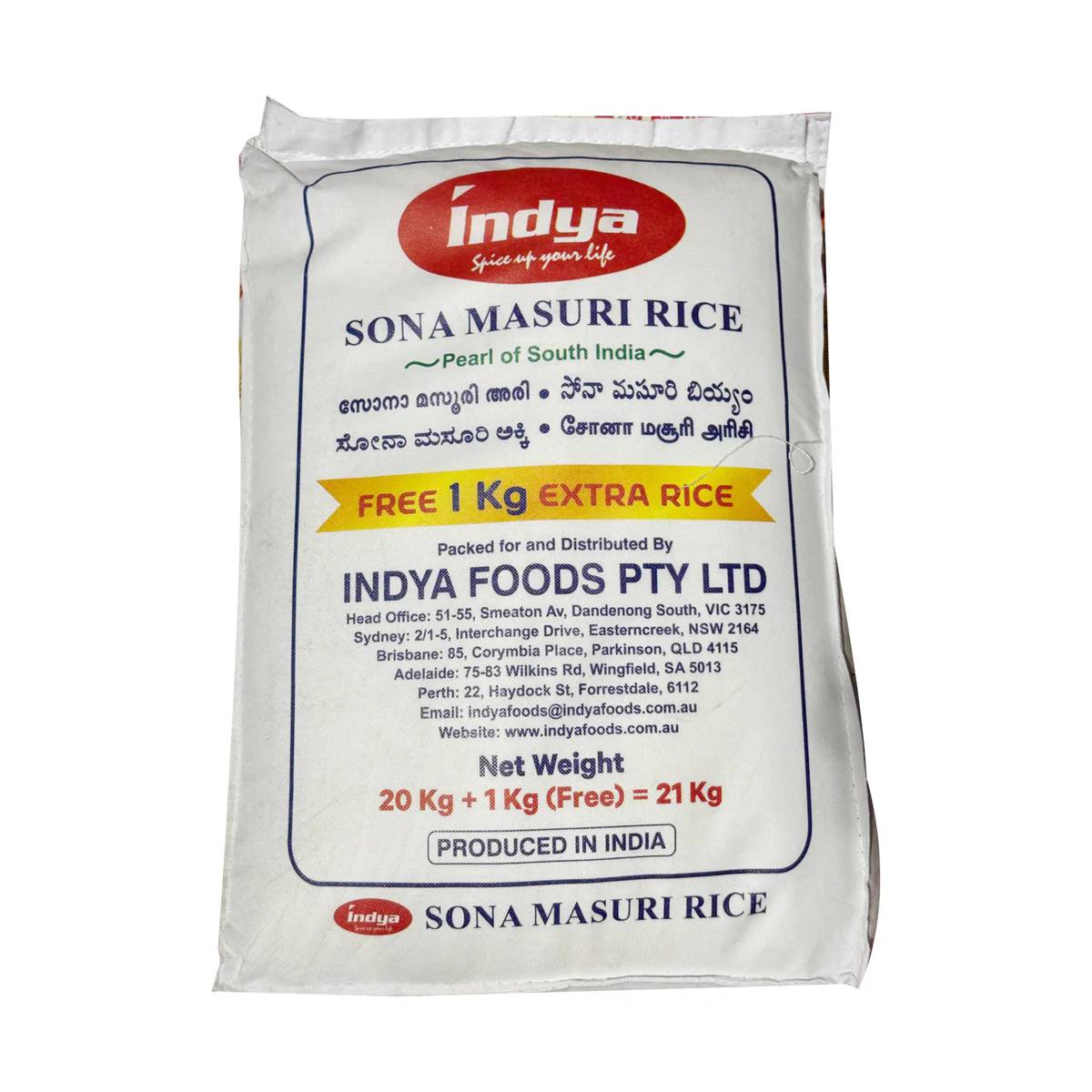 Indya Sona Masuri Rice 20kg + 1kg Free Pack - Buy Online Sydney