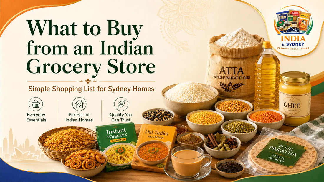 Indian grocery shopping list with atta rice dal spices snacks and frozen foods