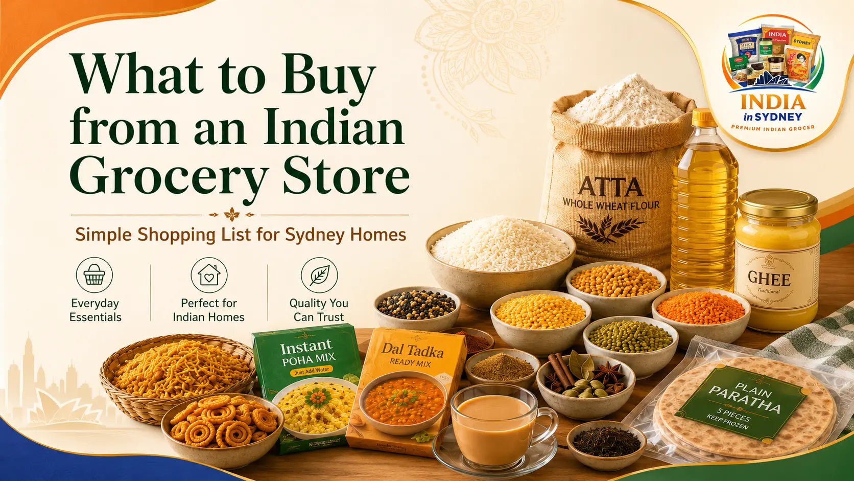 Indian grocery shopping list with atta rice dal spices snacks and frozen foods